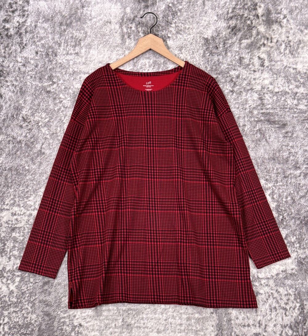 New J Jill Top Large Womens Simply Supima Crewneck Tunic Red Plaid Check